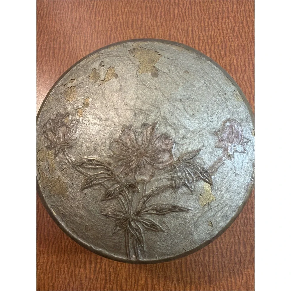 Vintage Round Brass Trinket Dish with Lid Painted Enamel Floral Design 4